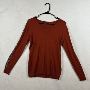 Be Mine Women’s Rust Orange V-Neck Sweater L/XL Rhinestone Sleeve Knit Top